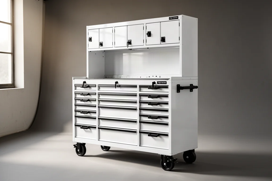 White 72-inch rolling tool chest with hutch and black casters in a studio setting