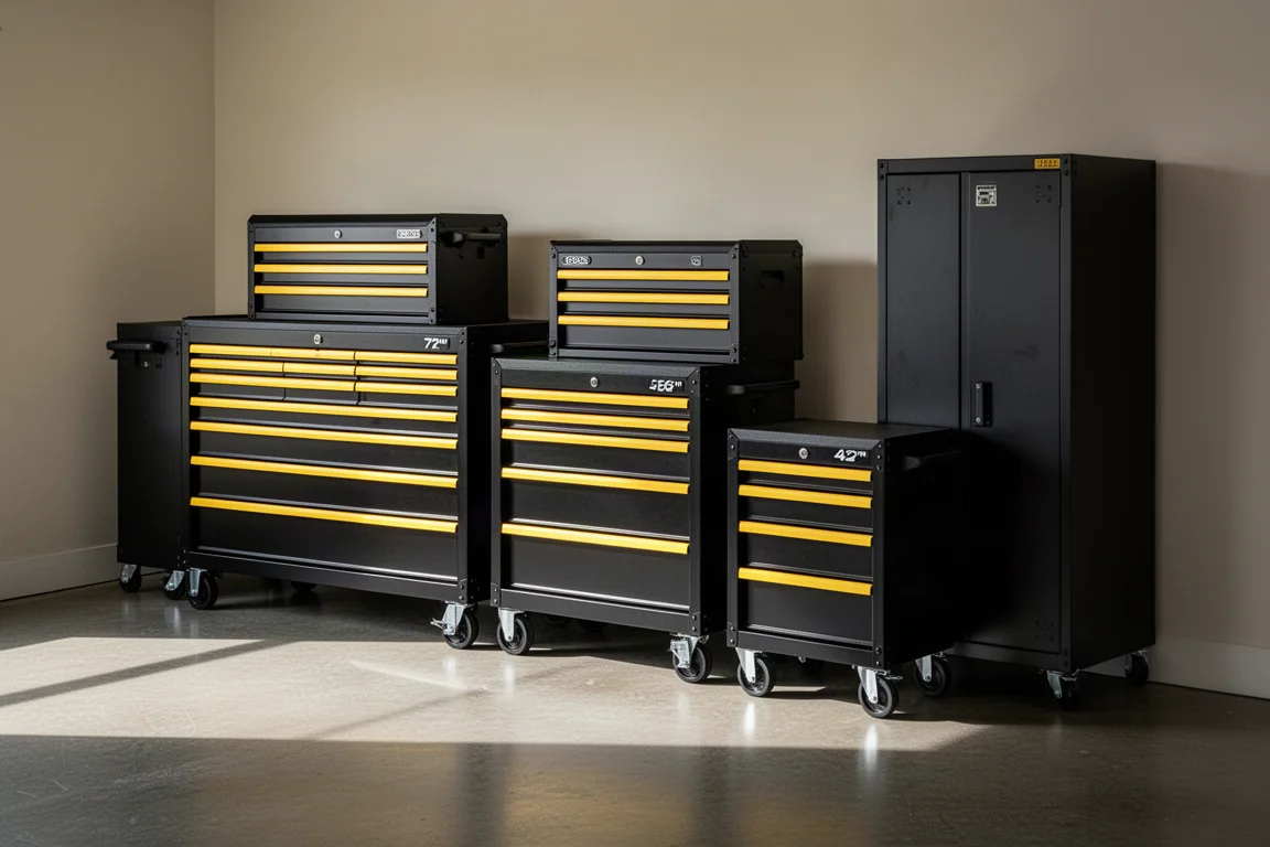 A lineup of black US General Series 3 tool storage cabinets in a garage