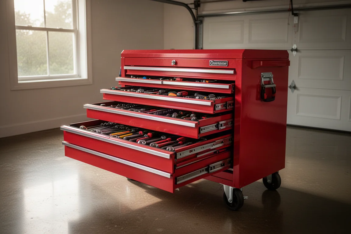 Carrello portautensili largo in un garage a due auto ordinato con cassetti aperti