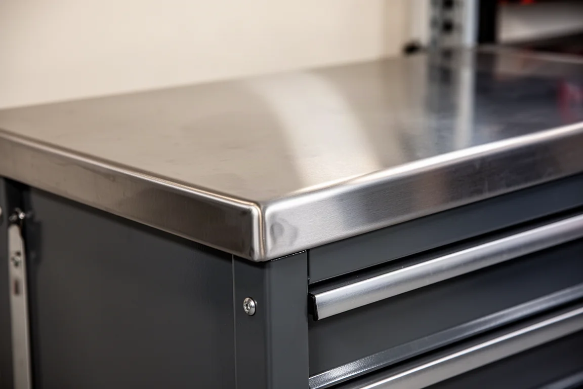 Piano di lavoro in acciaio inox su un carrello robusto che riflette la luce del garage