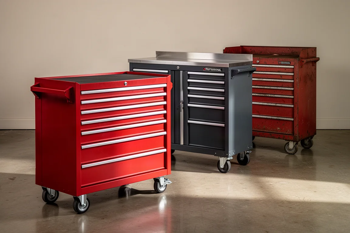 Three tool storage roll cabs lined up on a polished garage floor