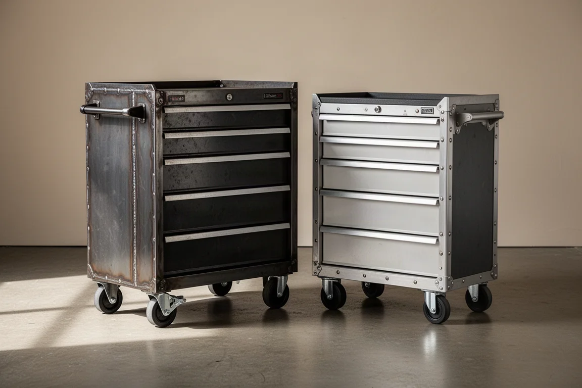 Two four-drawer tool carts side by side on a concrete garage floor
