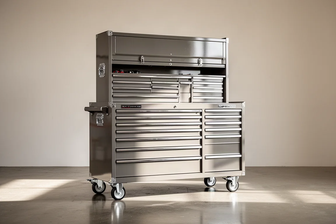 Gran caja de herramientas profesional con armario superior bajo una luz suave de taller