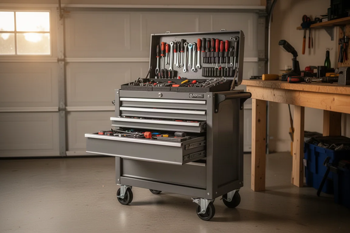 Rolling tool cart loaded with tools in a home garage workshop