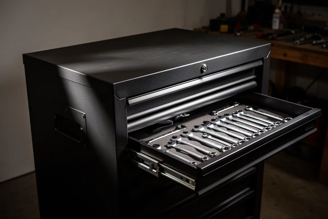 Large black roller cabinet with drawers open showing organized tools