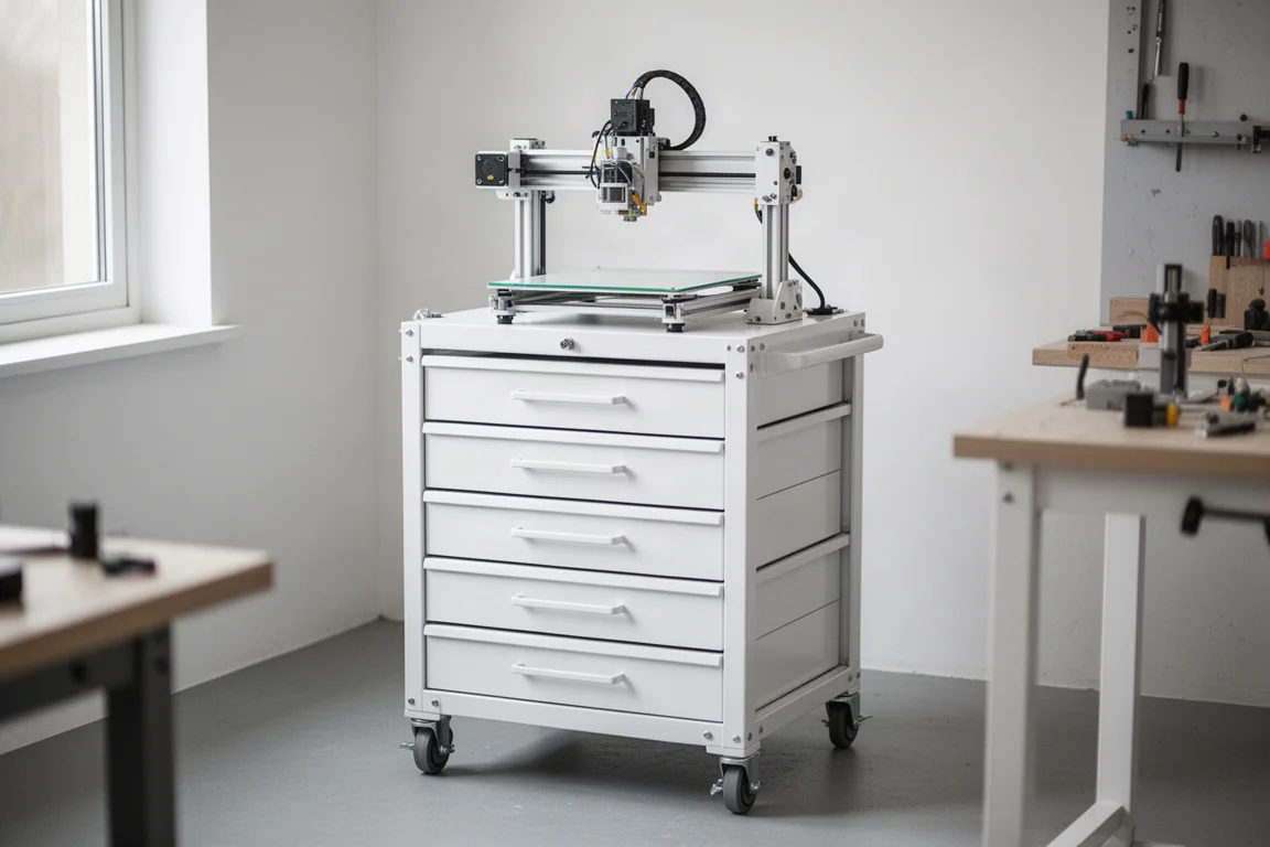 White six drawer cart used as a stand for a desktop 3D printer
