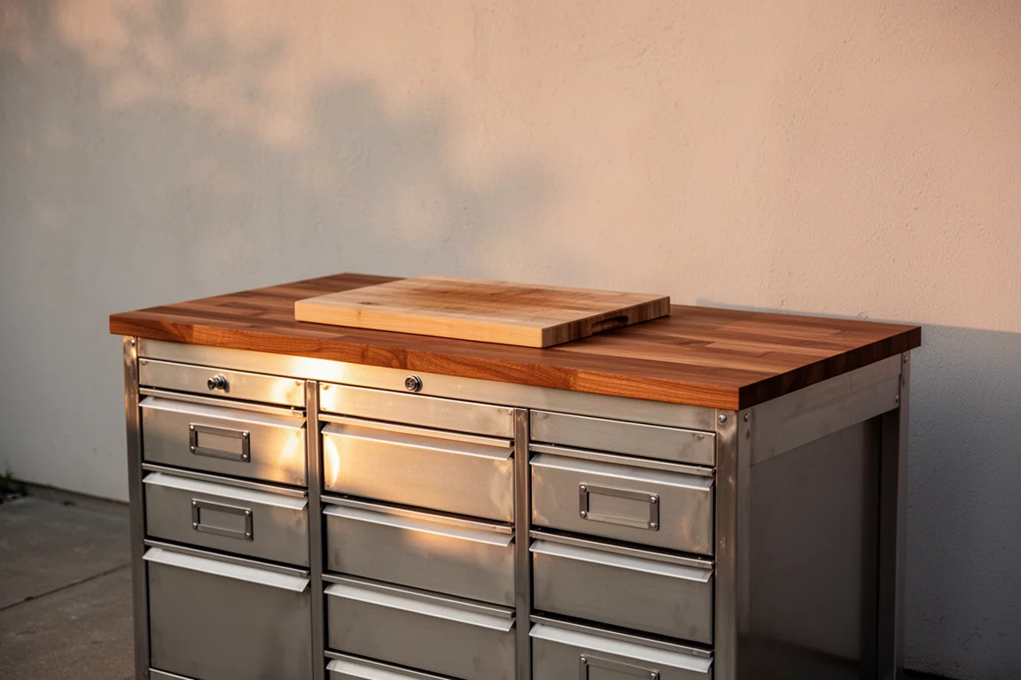 Nine drawer rubber wood top workbench set up as an outdoor kitchen station