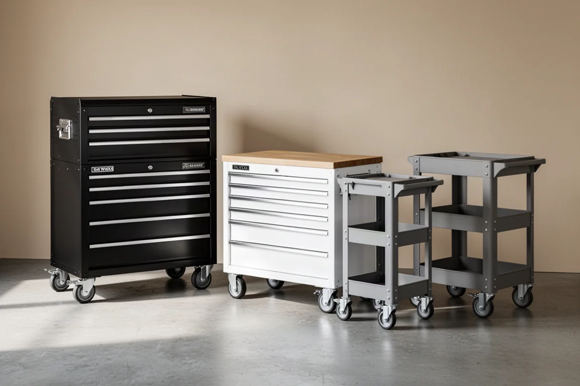 A lineup of US General tool cabinets and carts on a garage floor