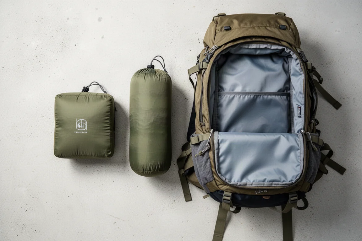 Vista superior de dois abrigos embalados e uma mochila de trekking aberta