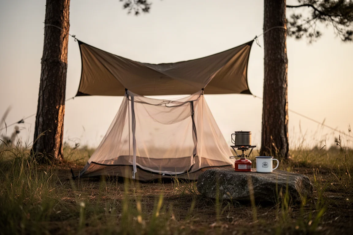 Acampamento na hora dourada com abrigo de lona, fogareiro e caneca esmaltada