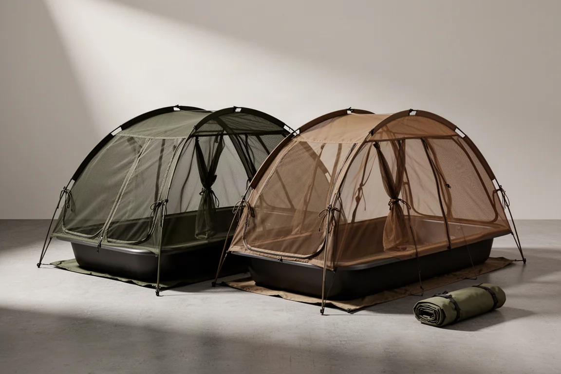 Two low mesh bug net shelters pitched side by side on a concrete floor