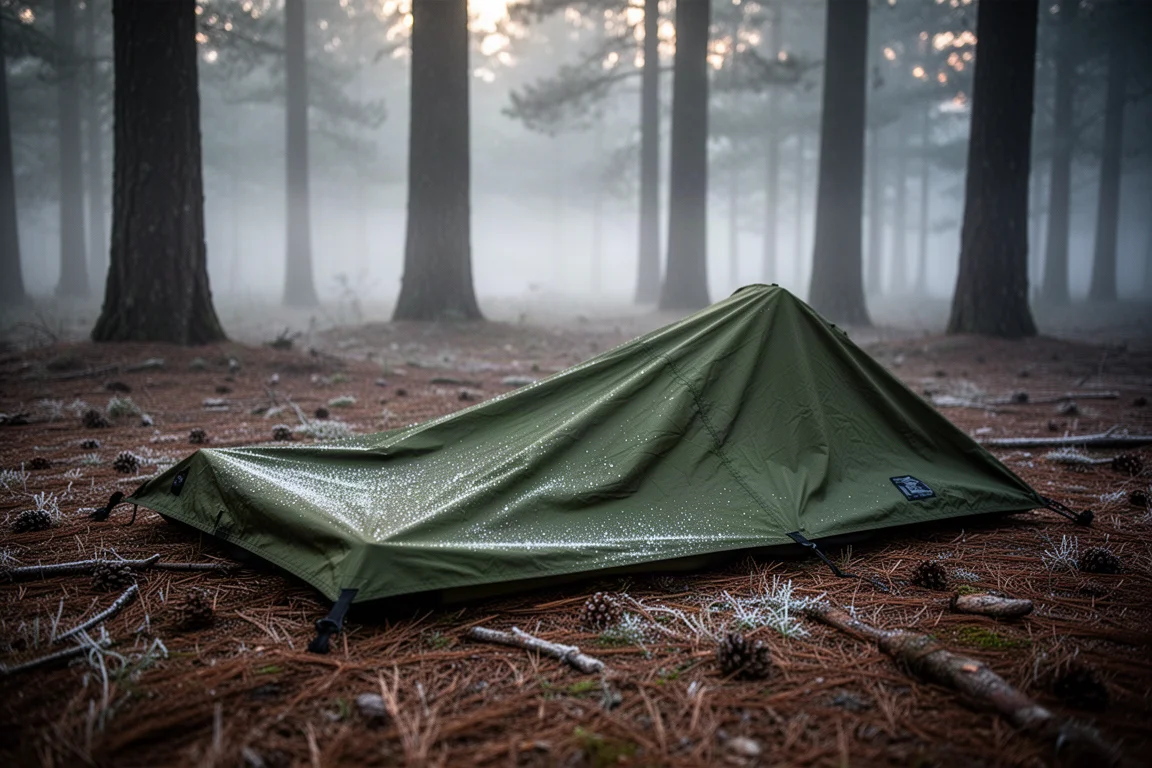 Oliwkowy bivy shell rozłożony na leśnym poszyciu z igliwia o świcie, z lekkim szronem