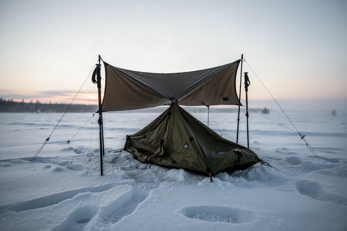Zimowy obóz o zmierzchu z bivy schronionym pod tarpem na śniegu