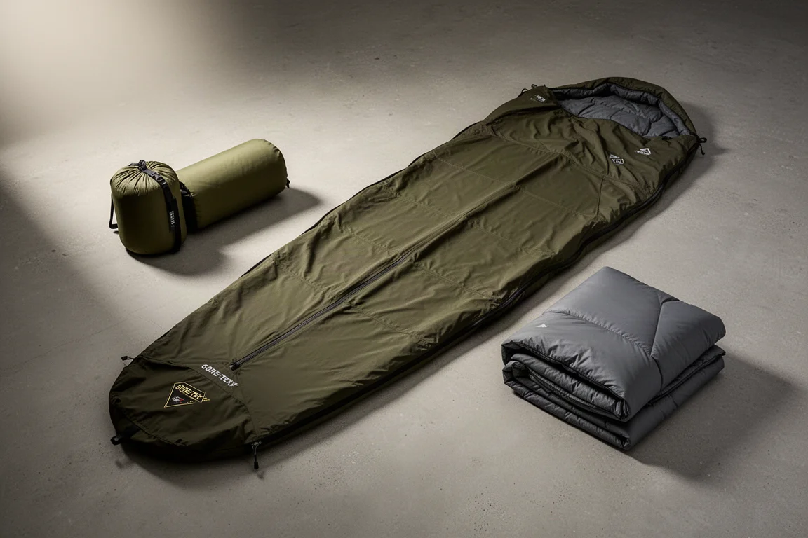 コンクリート上のオリーブ色 Gore-Tex ビビィシェル、コンプレッションサック、折りたたんだ寝袋