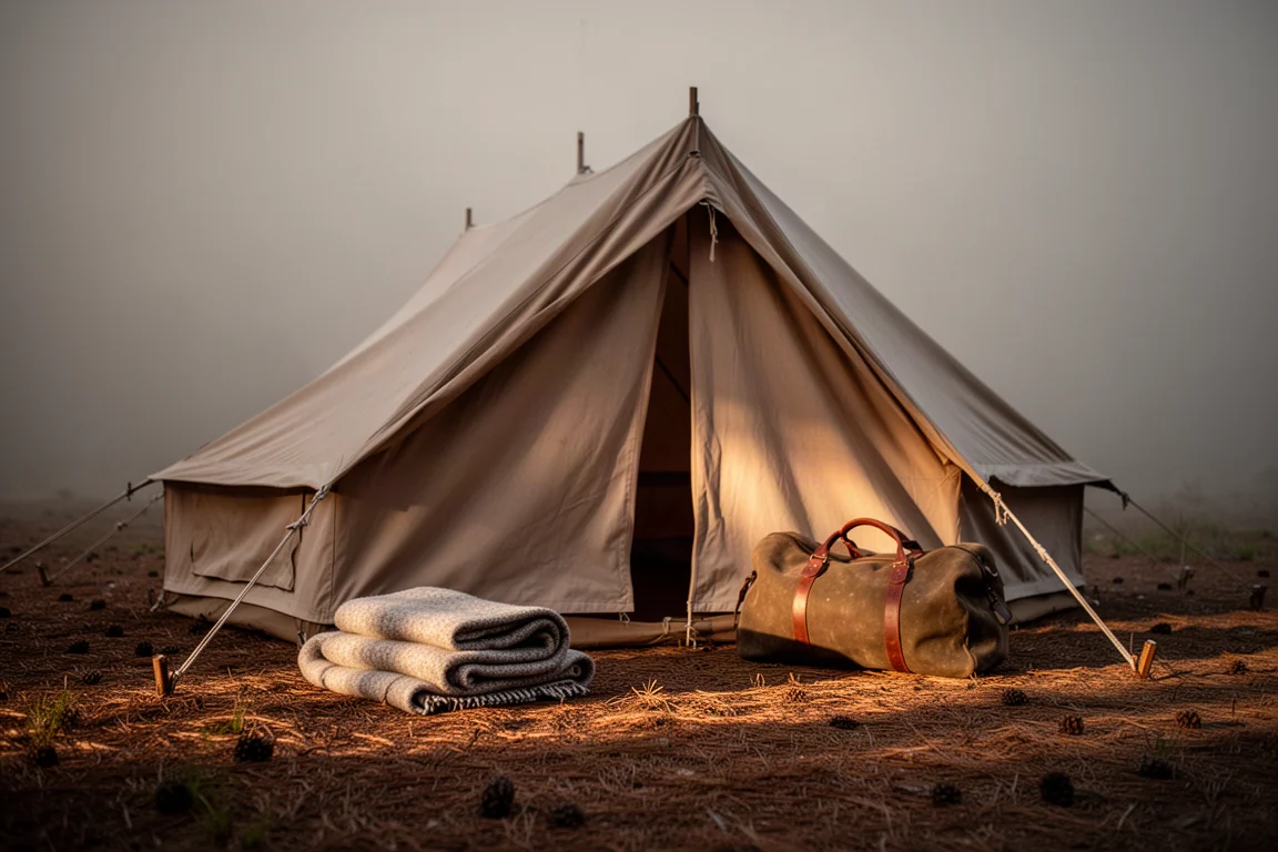 Canvas tent pitched on pine needle ground at dusk with a bedroll and duffel bag