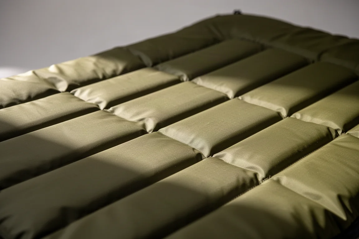 Close-up of olive green quilted air mattress baffles under raking light