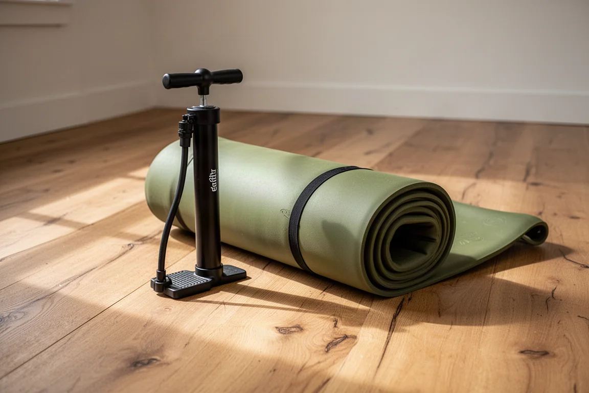 Compact foot pump and rolled olive mattress on a wooden cabin floor