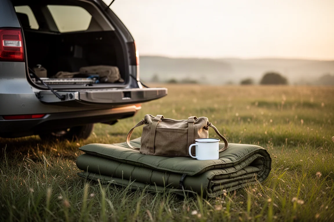 Car camping gear laid out beside an open tailgate at golden hour