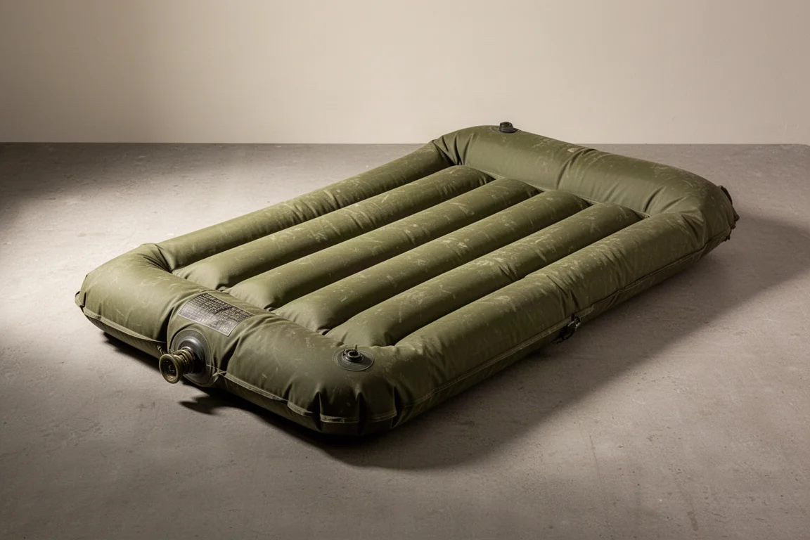 Materassino ad aria militare surplus color verde oliva gonfiato con sei camere d'aria su un pavimento di cemento