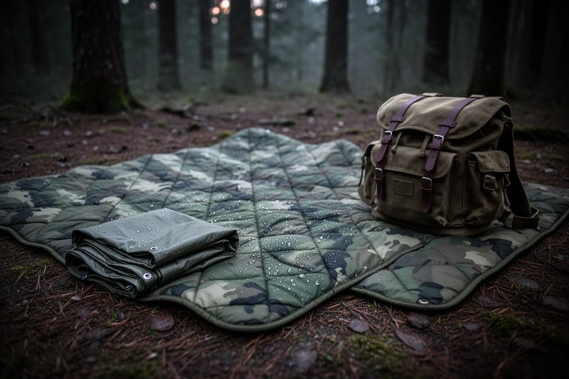 Camouflage poncho liner spread over damp ground beside a rain poncho and rucksack at dusk
