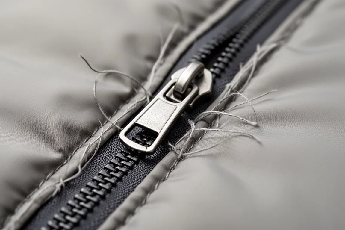 Close-up of a zipper and loose stitching on quilted synthetic liner fabric
