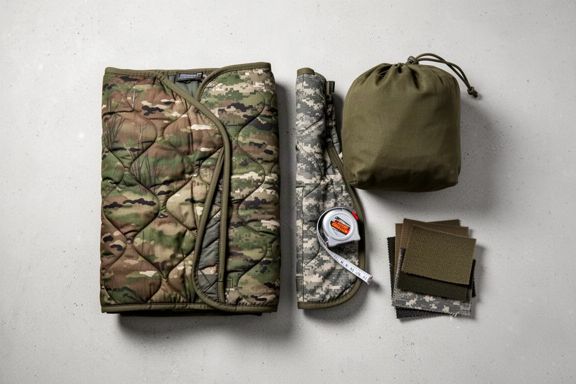 Overhead flat lay of folded military liners, canvas sack and tape measure on concrete