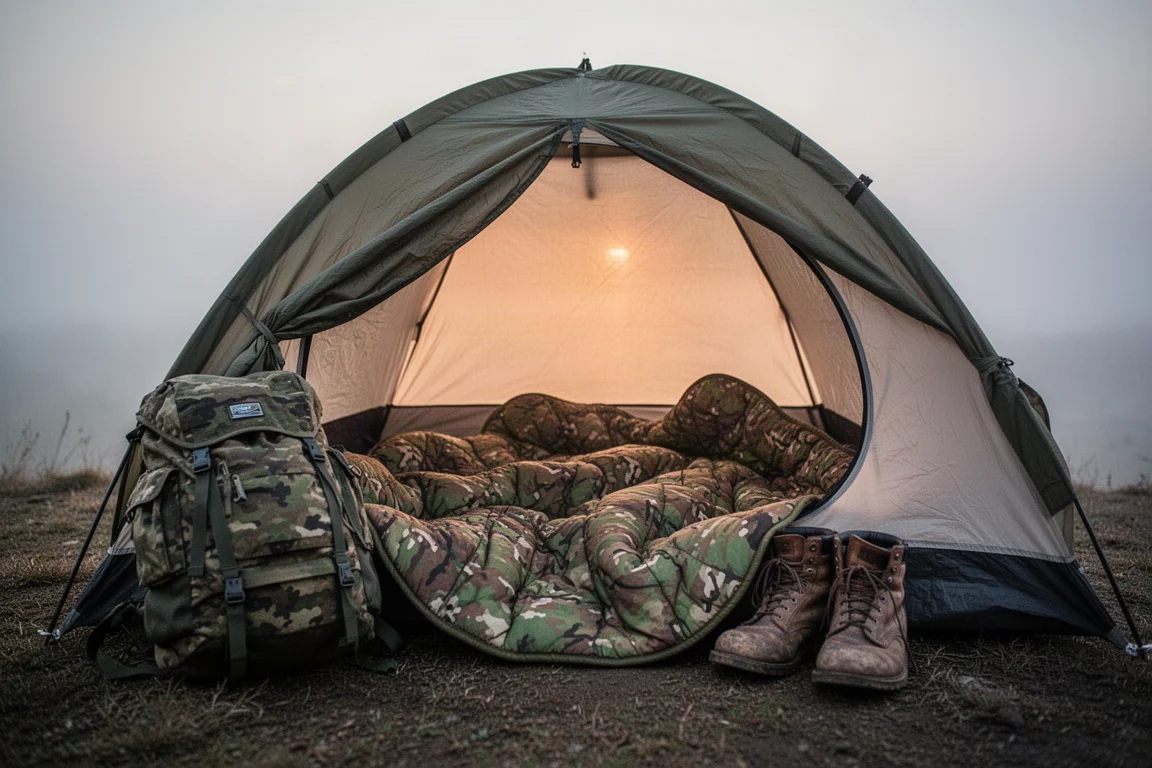 Camouflage poncho liner unrolled inside a small tent in early morning light