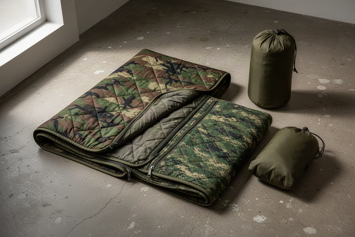Due poncho liner in stile militare in mimetico woodland e digitale stesi su cemento
