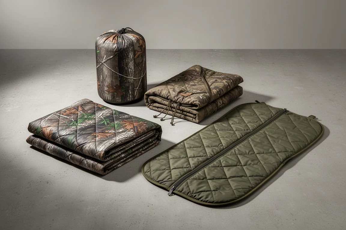 Three quilted camouflage liners of different quality arranged on a concrete surface