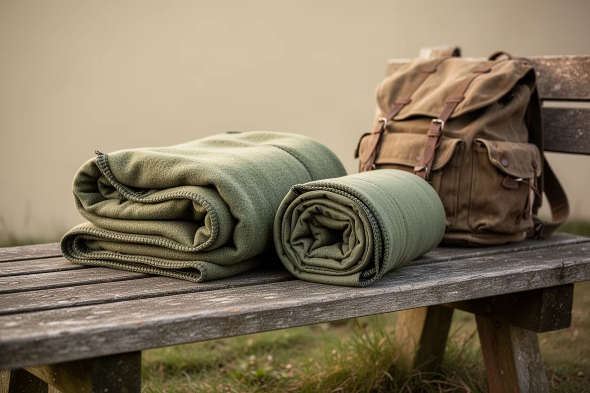Due coperte da campeggio piegate su una panchina di legno, una voluminosa e una compatta, con uno zaino in tela accanto