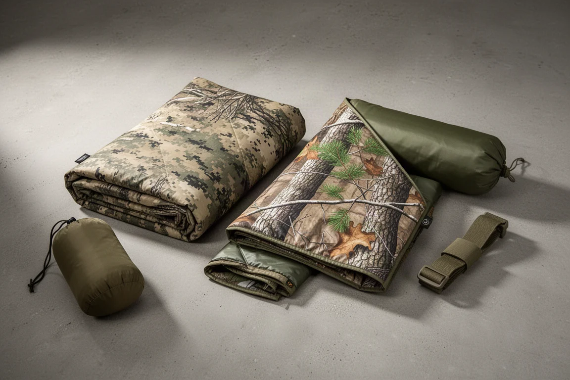 Two folded poncho liners in different camouflage patterns on a concrete surface with a stuff sack