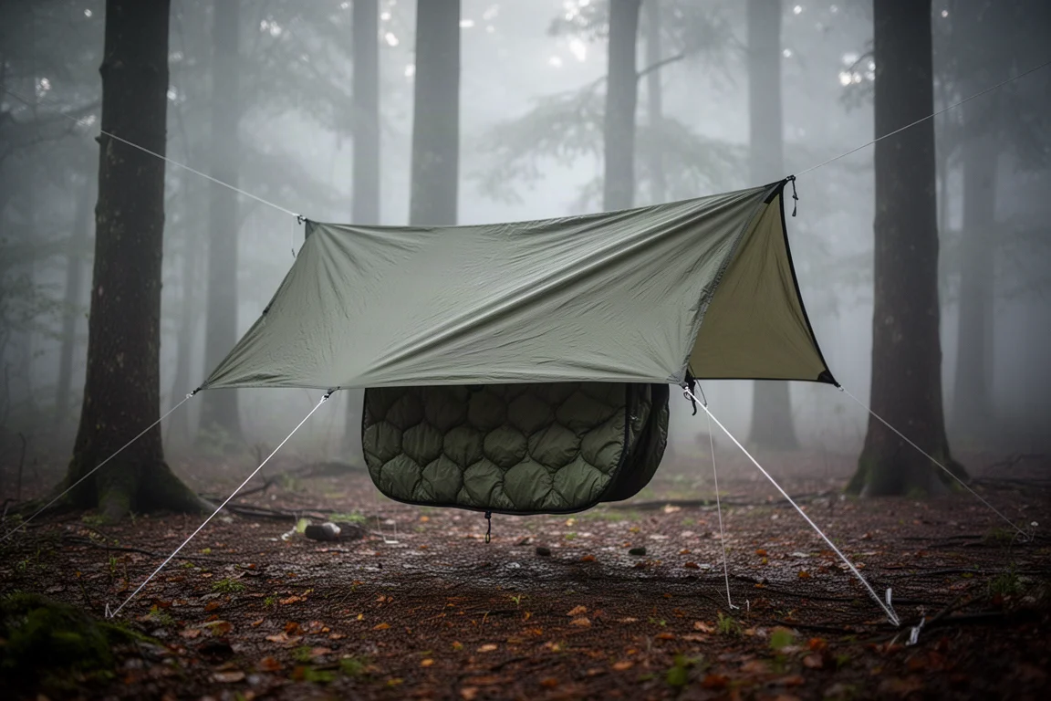 Campamento de verano al atardecer con tienda baja y mochila sobre hierba