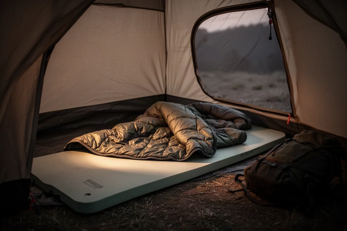Interior de una pequeña tienda de acampada al amanecer con esterilla y saco