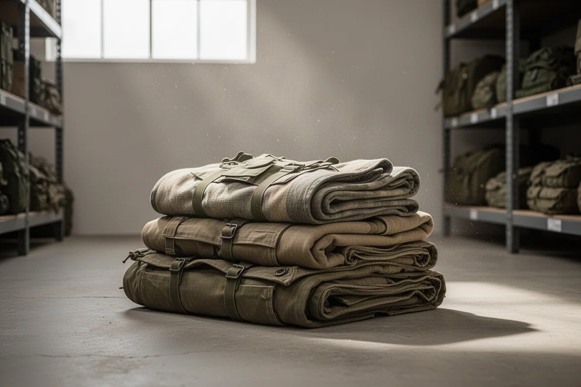 Pilas de mantas de estilo militar dobladas sobre una mesa de madera al aire libre