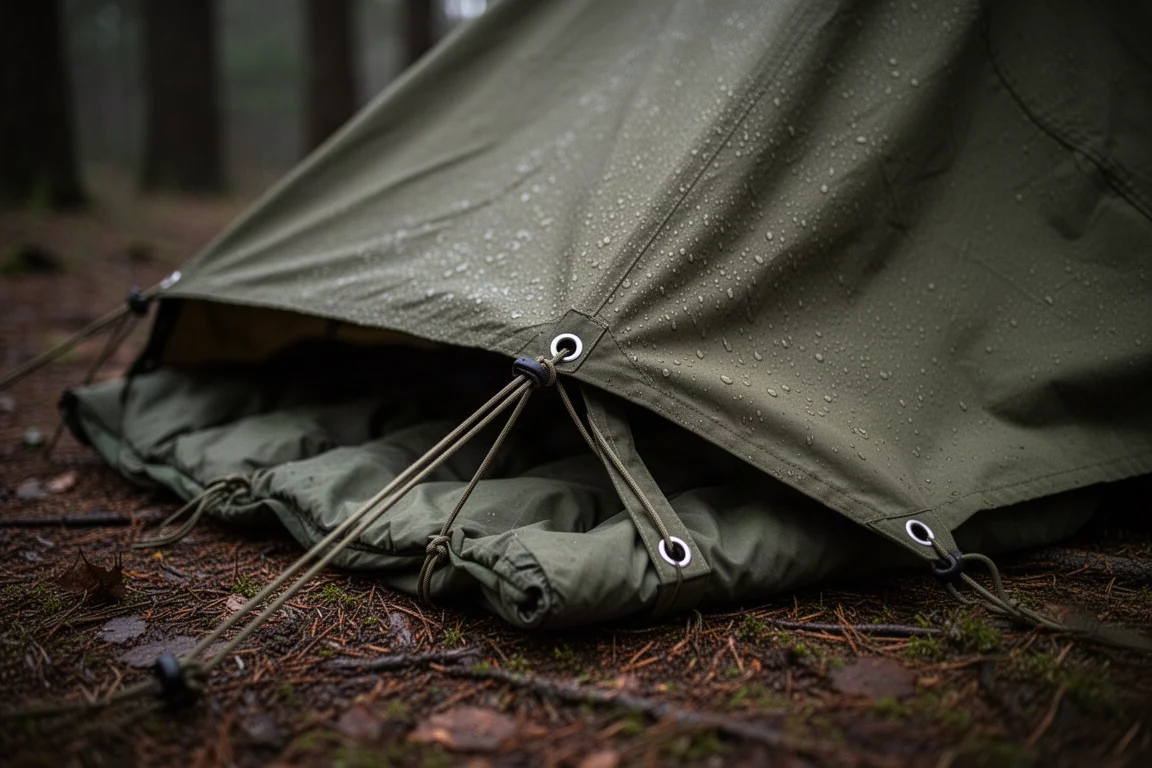 Militair poncho met een liner eraan vastgeknoopt, opgezet als schuilplaats op vochtige bosgrond bij schemer