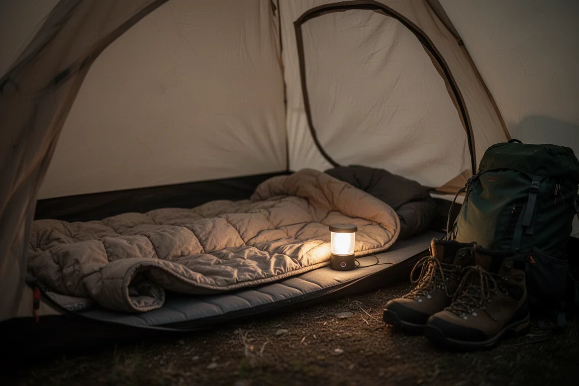 Dun gewatteerd deken uitgespreid over een slaapmat in een kleine tent in de nacht
