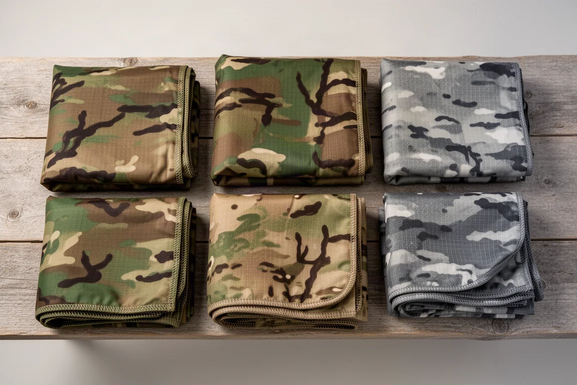 Plat overzicht van bovenaf van vier opgevouwen synthetische dekens in verschillende camouflagepatronen