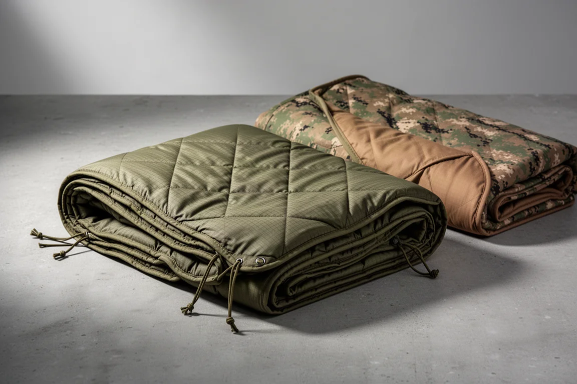Olive drab poncho liner and a camouflage liner resting on a concrete surface