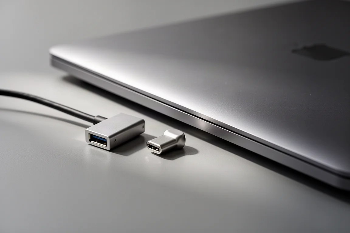 회색 책상 위 슬림 노트북 옆에 놓인 USB 케이블 커넥터를 가까이서 촬영한 모습