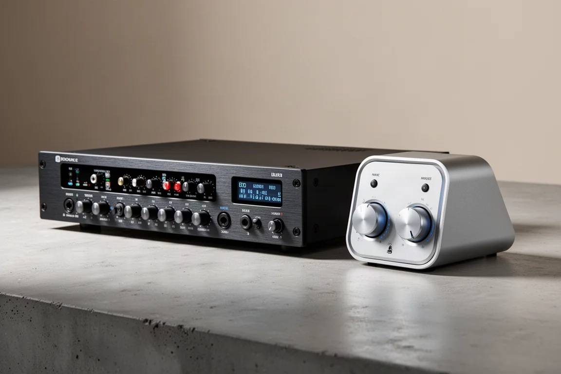 Two desktop audio interfaces on concrete, one wide rack-style unit and one compact wedge-shaped model