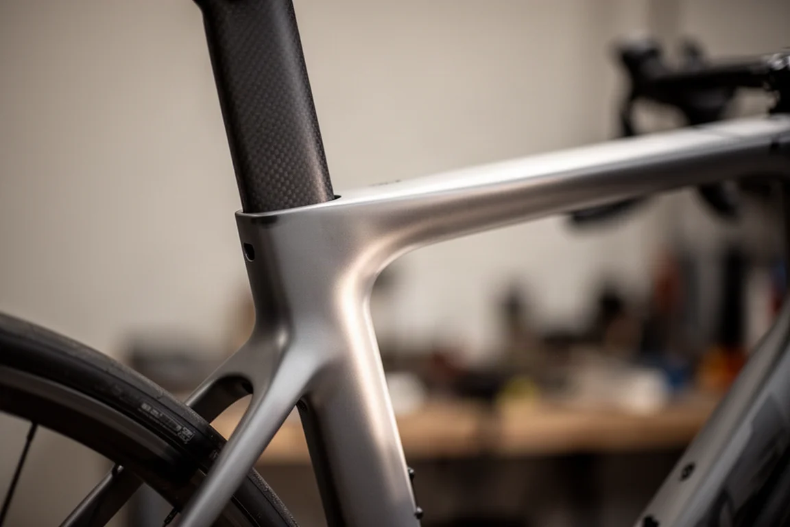 Primo piano di un giunto del telaio di una bici da strada in carbonio con la luce che cattura la finitura opaca