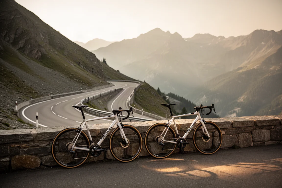 Bici da strada leggera parcheggiata su un tornante alpino ripido durante l'ora d'oro