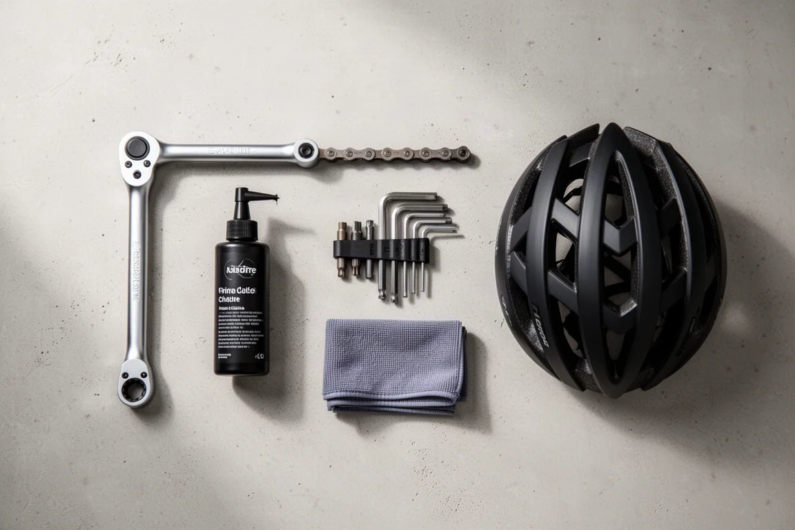 Vista dall'alto di strumenti e accessori per la manutenzione della bici su una superficie in cemento