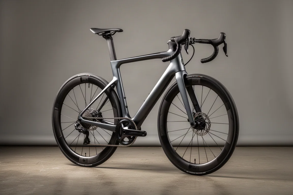 Moderne carbon racefiets met hoge velgen, gefotografeerd tegen een neutrale grijze studiowand