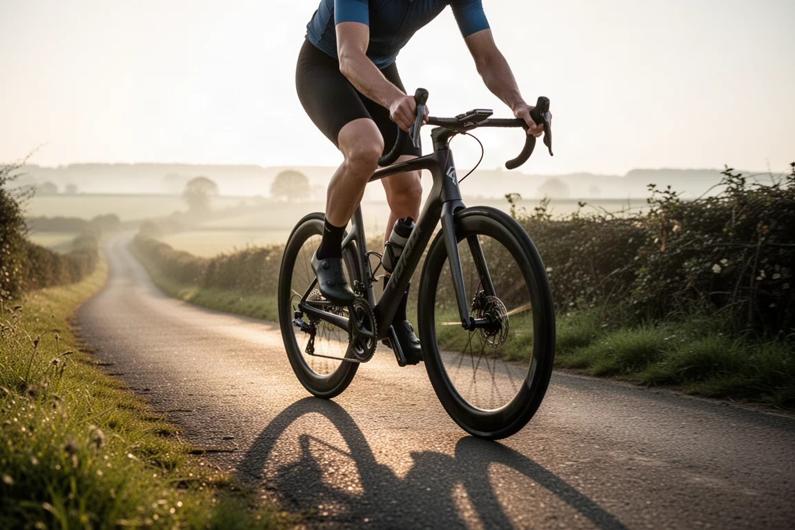 Cyclist riding a dark carbon road bike on a quiet country lane in morning light