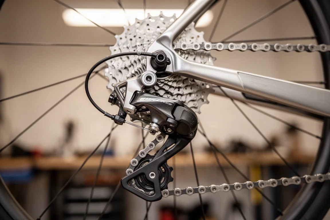Close-up of a road bike rear derailleur and cassette in a workshop