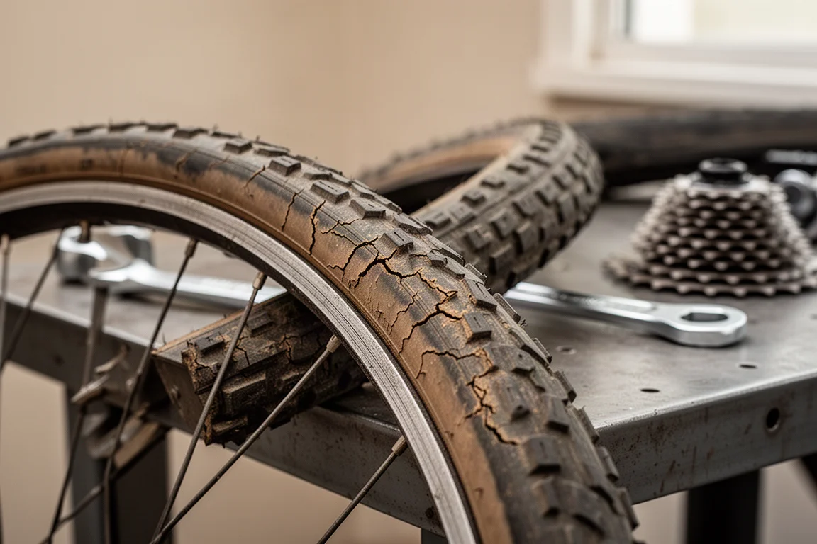 Worn bicycle tyre with cracked perished rubber resting on a workshop bench