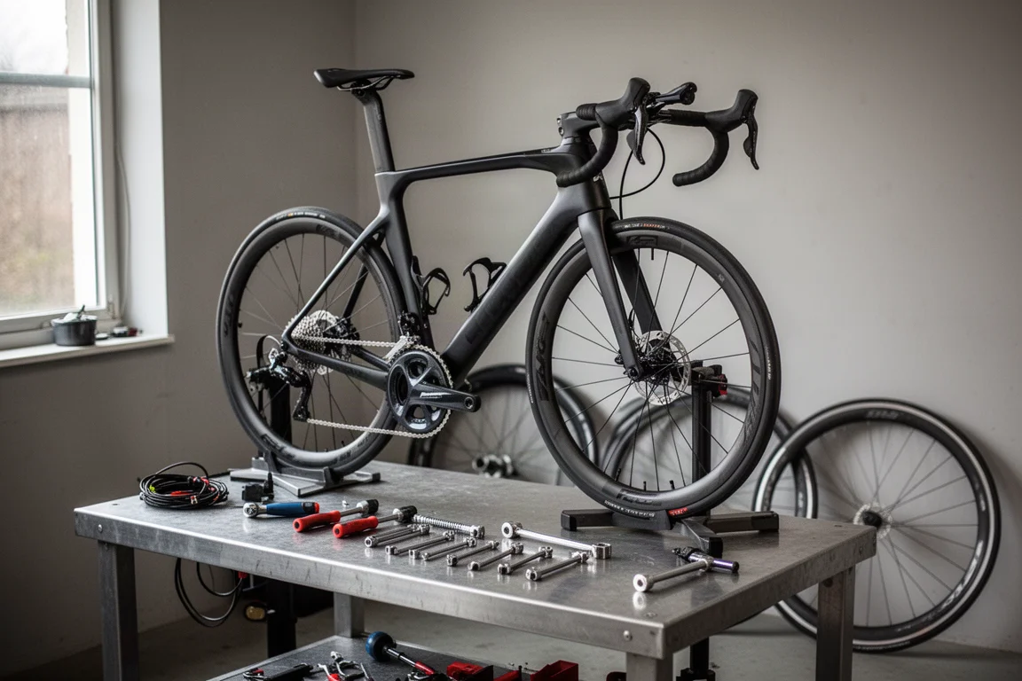 Road bike clamped in a repair stand in a tidy workshop with tools on a bench