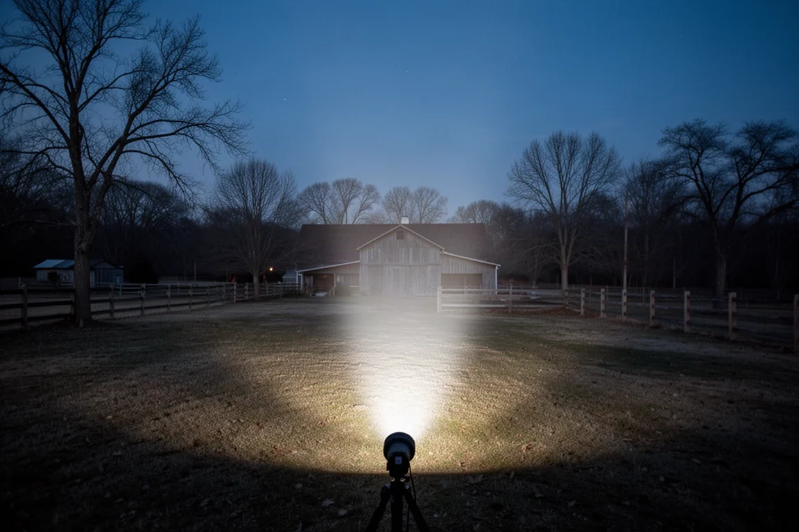 Facho de luz da lanterna iluminando um quintal escuro com um celeiro e árvores ao fundo
