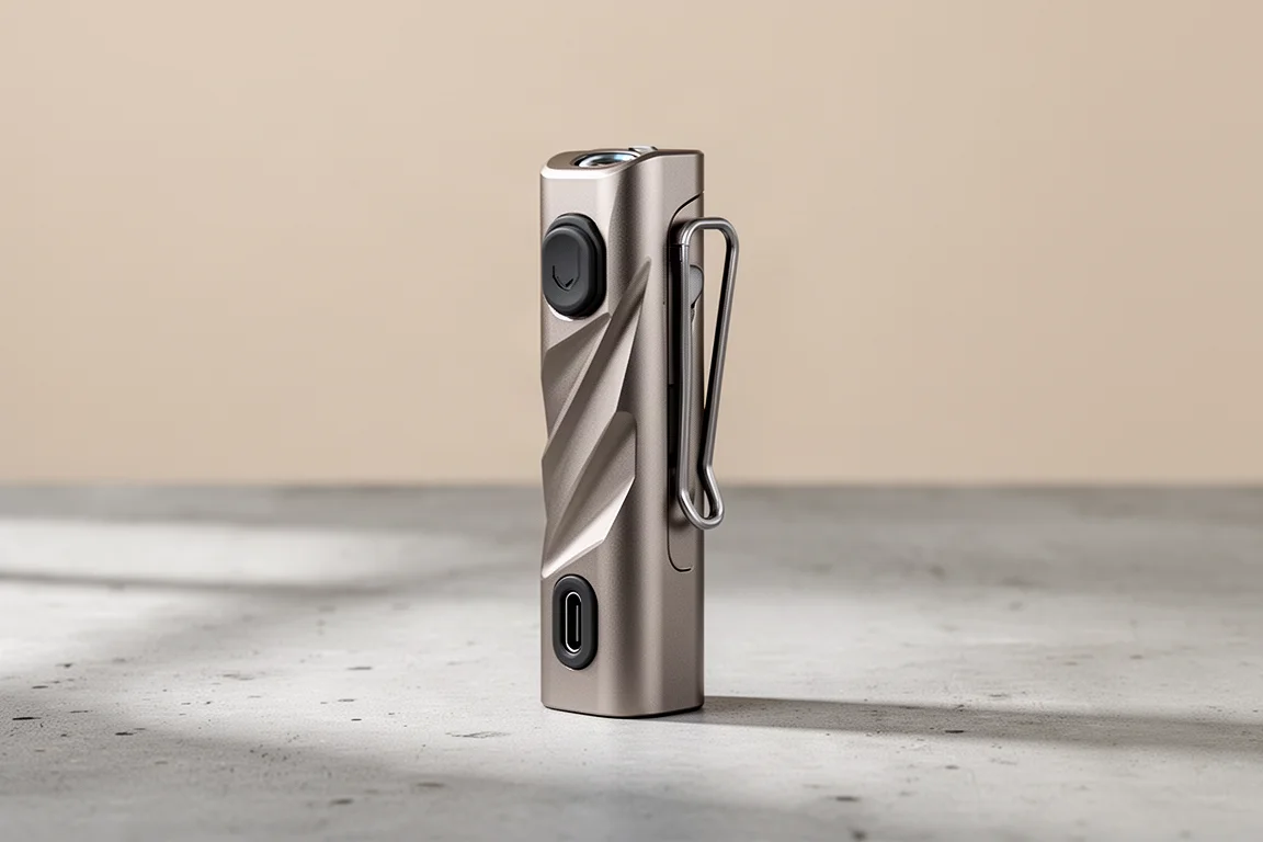 Slim titanium-colored everyday carry flashlight standing on a matte concrete surface